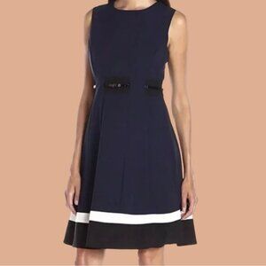 NWT Calvin Klein Fit & Flare Colorblock Belted Dress in Navy Blue & Black Stripe